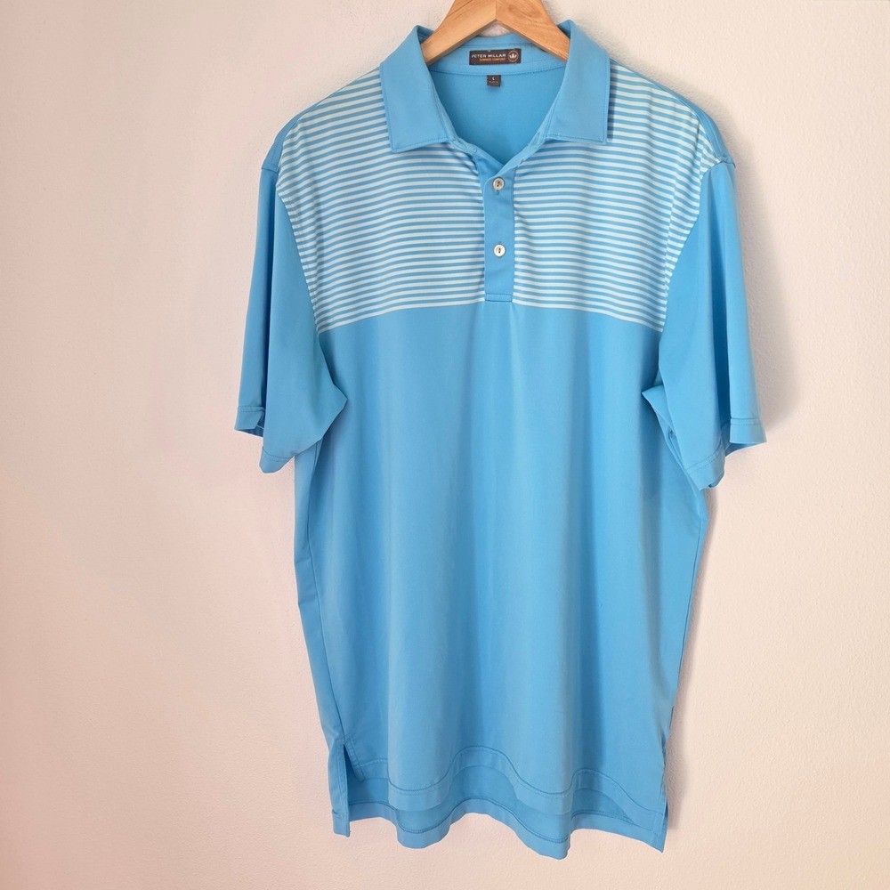 Peter Millar Summer Comfort Mens Large Blue Striped Golf Polo Shirt MS18EK18S